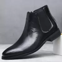 高端复古尖头切尔西靴男士一脚蹬休闲真皮英伦风皮靴中帮马丁靴潮