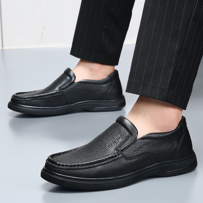 男鞋头层牛皮男士休闲豆豆鞋软底一脚蹬皮鞋男款中老年乐福鞋