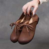 头层牛皮复古单鞋女秋冬新款防滑百搭耐磨真皮平底休闲女鞋