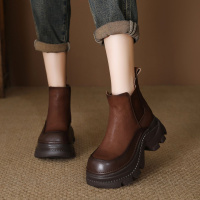 头层牛皮年冬季新款厚底内增高切尔西短靴子女松糕矮筒短靴