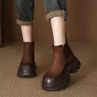 头层牛皮年冬季新款厚底内增高切尔西短靴子女松糕矮筒短靴