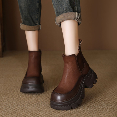 头层牛皮年冬季新款厚底内增高切尔西短靴子女松糕矮筒短靴