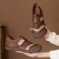 头层牛皮年秋季新款圆头民族风拼色魔术贴休闲平底单鞋套脚鞋