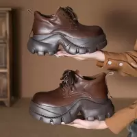 头层牛皮秋季新款厚底松糕英伦风休闲老爹鞋增高前系带女鞋