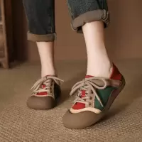 头层牛皮秋季新款系带运动复古圆头平底德训单鞋软底防水台