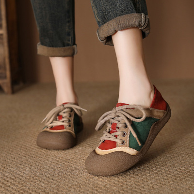 头层牛皮秋季新款系带运动复古圆头平底德训单鞋软底防水台