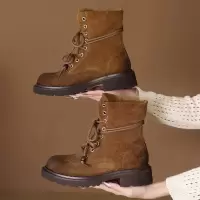 头层牛皮马丁靴女秋冬新款百搭厚底复古时尚系带中筒骑士靴子