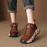 头层牛皮高帮鞋女秋季新款复古厚底短靴圆头真皮运动休闲鞋女