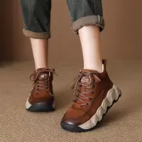 头层牛皮高帮鞋女秋季新款复古厚底短靴圆头真皮运动休闲鞋女