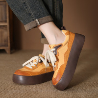 真皮女鞋秋冬新款韩版潮流休闲百搭拼色高帮鞋系带厚底单鞋