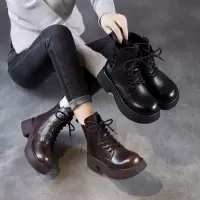 头层牛皮女靴子棕色复古轻奢马丁靴秋冬款英伦风厚底增高编织短靴