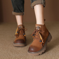 头层牛皮新款春秋马丁靴女英伦风潮酷粗跟复古流苏系带短靴