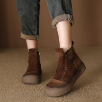 头层牛皮短靴女秋冬新款厚底反绒侧拉链简约复古风休闲女鞋