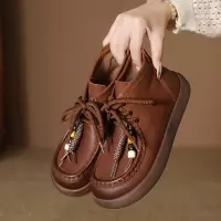 头层牛皮秋冬新款圆头袋鼠鞋平底系带休闲马丁靴真皮短靴