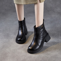 头层牛皮粗跟切尔西靴女秋冬新款厚底皮靴增高加绒保暖短靴子