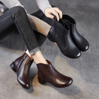 头层牛皮粗跟复古短靴女秋季新款妈妈鞋单靴真皮百搭时装靴子