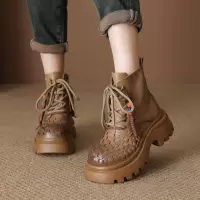 头层牛皮马丁靴女秋冬新款复古百搭休闲真皮编织圆头厚底短靴