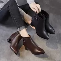 真羊皮靴子尖头瘦瘦靴女短靴秋冬新款粗跟高跟显瘦百搭短筒靴