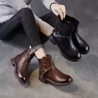 轻奢水洗牛皮烟筒靴瘦瘦靴冬季短靴粗跟厚底女靴子机车马丁靴