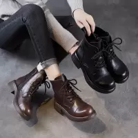 头层牛皮英伦风复古马丁靴秋冬新款时尚百搭厚底系带真皮短靴