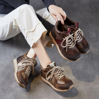 手工真皮复古鞋子女秋新款高帮阿甘鞋百搭系带运动休闲旅游鞋