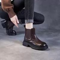 手抓纹羊皮厚底马丁靴女25秋冬加绒短靴真皮切尔西靴小个子及踝靴