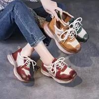 春季新款复古拼色头层牛皮单鞋运动休闲增高真皮女鞋