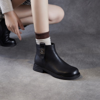 短靴女粗中跟秋冬季新款复古羊皮时装靴真皮粗跟加绒通勤皮靴