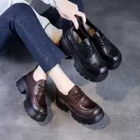 春季新款真皮女鞋子厚底英伦手抓纹牛皮小皮鞋系带单鞋乐福鞋