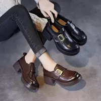 春季棕色真皮乐福鞋女厚底粗跟深口单鞋复古英伦风女士小皮鞋