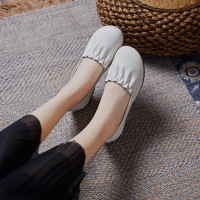 真皮平跟单鞋女夏浅口头层牛皮软皮软底妈妈鞋豆豆鞋褶皱女鞋