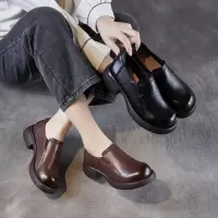 真皮简约圆头粗跟乐福鞋女春秋季新款厚底单鞋英伦休闲小皮鞋