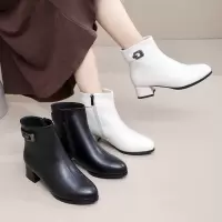 真皮方头中跟短靴女25年秋冬新款粗跟软底复古单靴马丁靴加绒棉鞋