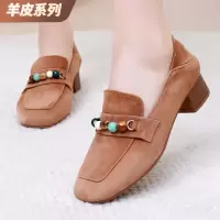 舒适软底英伦苏串珠羊反绒皮秋季低跟方头真皮四季单鞋女