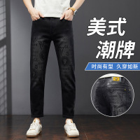 春夏新款印花高端牛仔裤男潮牌修身小直筒欧货黑色牛仔九分裤