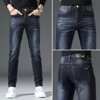 高端潮流秋季深蓝色牛仔裤男潮牌修身小脚百搭弹力休闲长裤子