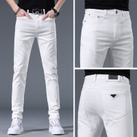 夏季新款高端白色牛仔裤男士潮牌修身小脚弹力休闲长裤子男款