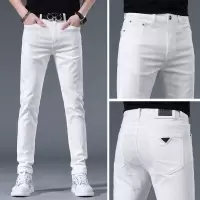 夏季新款高端白色牛仔裤男士潮牌修身小脚弹力休闲长裤子男款
