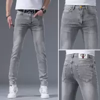 夏季薄款浅灰色牛仔裤年新款百搭欧货弹力轻奢男士修身小脚裤