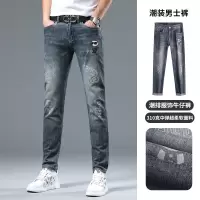 春夏薄款欧货印花牛仔裤男士潮流微弹修身直筒长裤