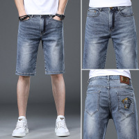 欧洲站刺绣蓝色潮牌男士夏季薄款牛仔短裤修身五分裤轻奢印花中裤