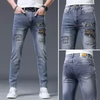 欧货潮牌牛仔裤男士夏季新款高端刺绣弹力修身小脚休闲长裤子