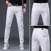 欧货牛仔裤男夏季薄款新款个性潮流弹力修身小脚白色牛仔裤子