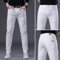 欧货牛仔裤男秋季薄款新款个性潮流弹力修身小脚白色牛仔裤子