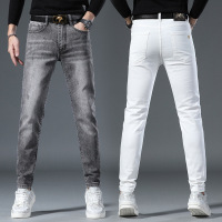 欧货牛仔裤男秋季薄款新款个性潮流弹力修身小脚白色牛仔裤子