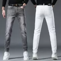 欧货牛仔裤男秋季薄款新款个性潮流弹力修身小脚白色牛仔裤子