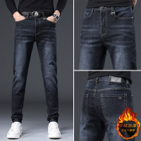 欧货高端蓝色牛仔裤男秋冬季加绒潮牌修身简约弹力小脚休闲长裤男