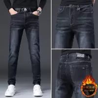 欧货高端蓝色牛仔裤男秋冬季加绒潮牌修身简约弹力小脚休闲长裤男