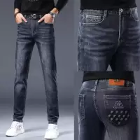 秋冬新款高端牛仔裤男士潮牌印花直筒弹力修身小脚长裤休闲