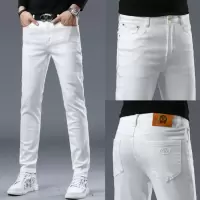 秋季新款高端白色牛仔裤男士潮牌修身小脚弹力休闲长裤子男款